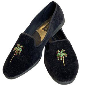 Christmas Holiday Black Velvet Slip On Flat Loafers Embroidered Palm Shoes SZ 10